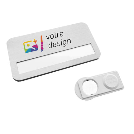 Badge nominatif personnalisé aluminium Badgemaster - impression anodisée - 72 x 38 mm - par pièce