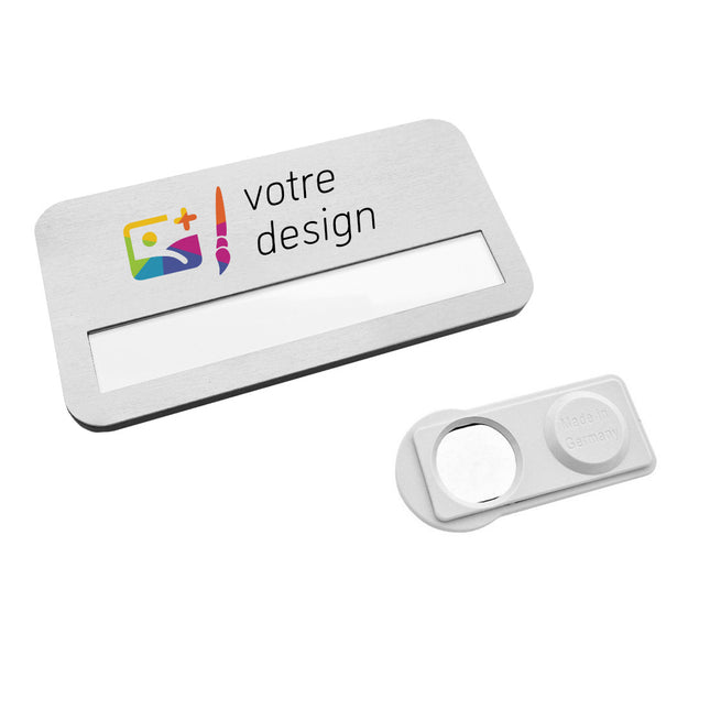 Badge nominatif personnalisé aluminium Badgemaster - impression anodisée - 72 x 38 mm - par pièce