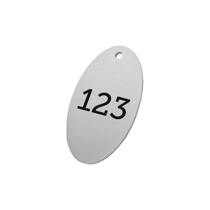 Jeton numéroté argenté en aluminium anodisé ovale - 67 x 37 mm - par pièce
