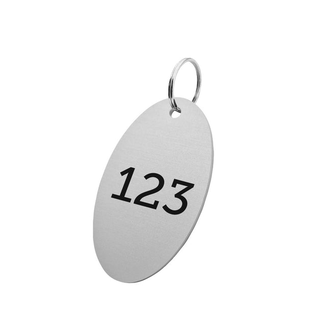 Porte-clés argenté numéroté en aluminium anodisé ovale - 67 x 37  mm - par pièce
