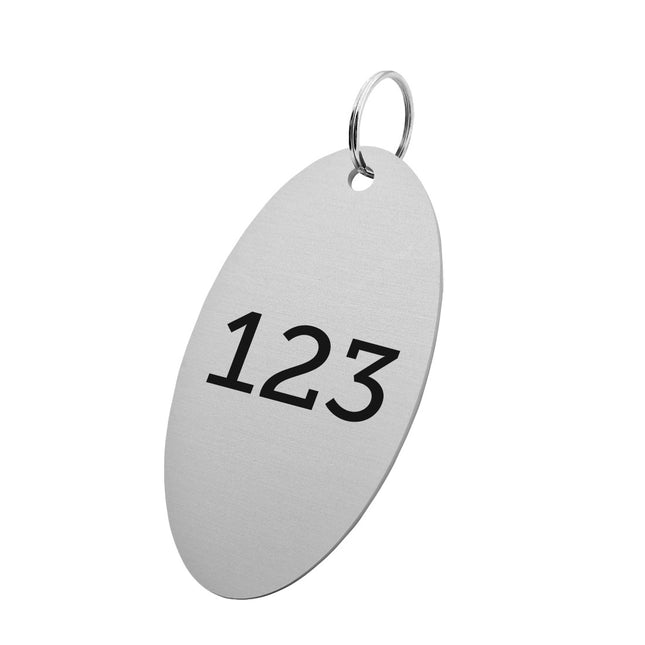 Porte-clés argenté numéroté en aluminium anodisé ovale - 85 x 45 mm - par pièce
