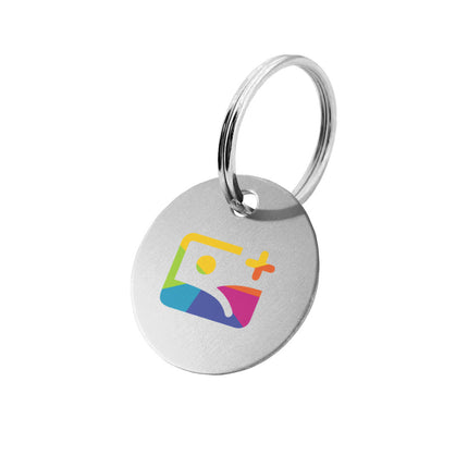 Porte-clés argenté rond avec logo en aluminium anodisé - par pièce