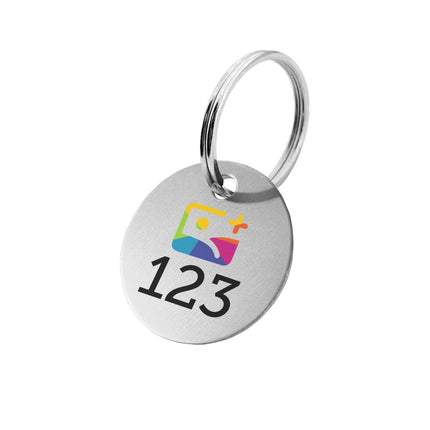 Porte-clés argenté numéroté avec logo en aluminium anodisé rond - par pièce