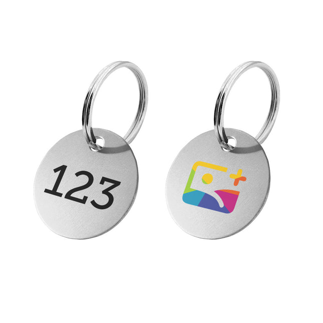 Porte-clés argenté numéroté recto avec logo verso en aluminium anodisé rond - par pièce