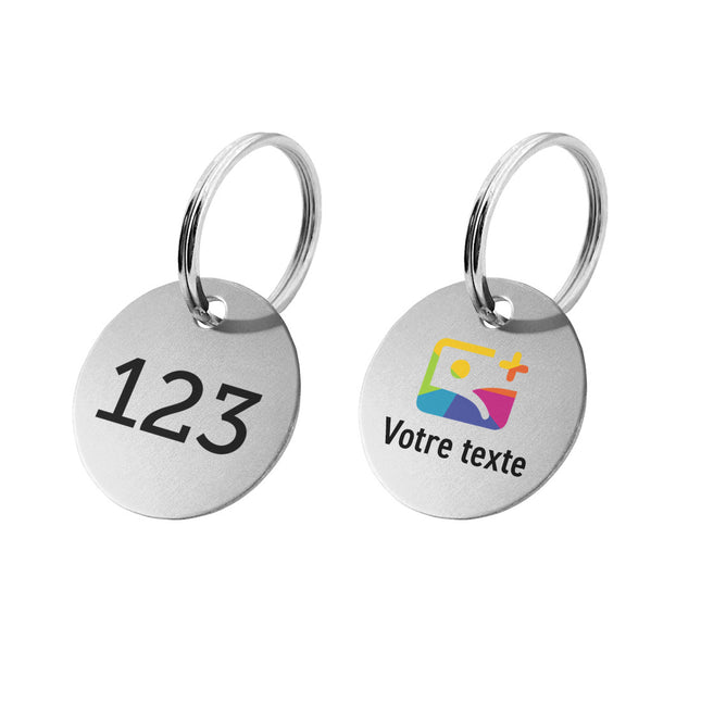 Porte-clés argenté rond numéroté avec texte recto et logo verso en aluminium anodisé - par pièce