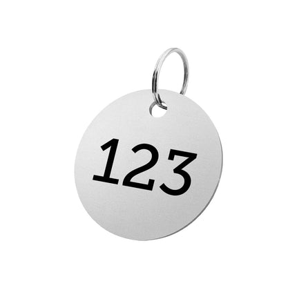 Porte-clés argenté numéroté en aluminium anodisé rond - 50 mm - par pièce