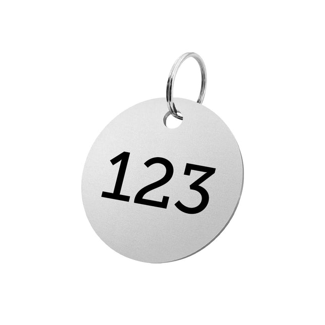 Porte-clés argenté numéroté en aluminium anodisé rond - 50 mm - par pièce