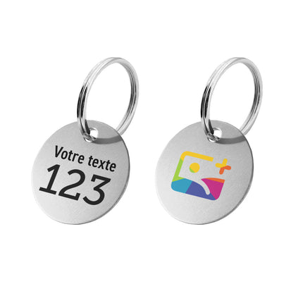 Porte-clés argenté rond numéroté avec texte recto et logo verso en aluminium anodisé - par pièce