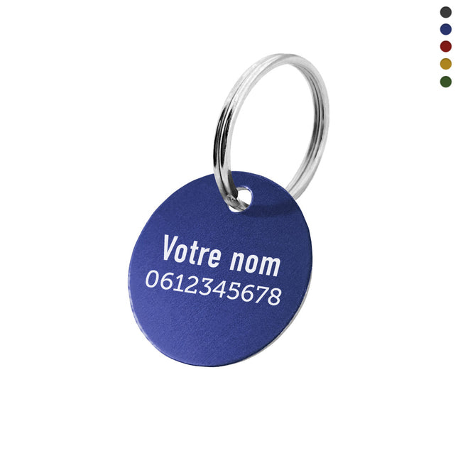 Porte-clés avec nom et numéro de téléphone en aluminium anodisé rond - par pièce