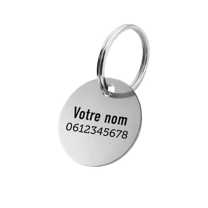Porte-clés argenté avec nom et numéro de téléphone en aluminium anodisé rond - par pièce