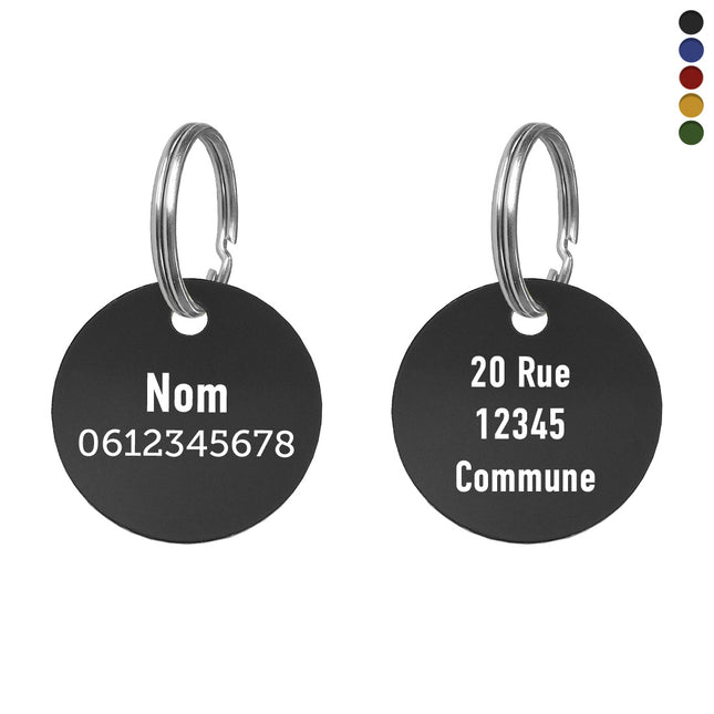 Médaille chien ronde en aluminium colorée - recto verso - Ø30 mm