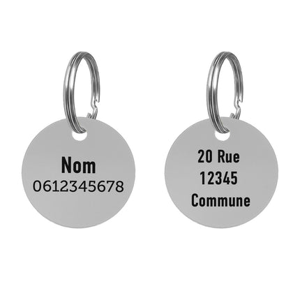 Médaille chien ronde en aluminium argentée - recto verso - Ø30 mm