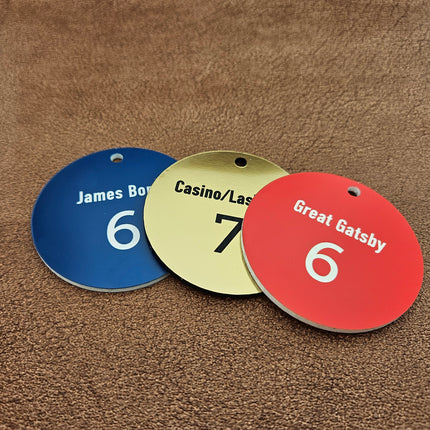 Porte-clés acrylique numéroté avec texte rond - par pièce
