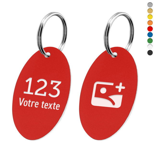 Porte-clés acrylique numéroté avec texte recto et logo verso ovale - par pièce