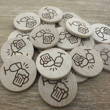 Jetons pour buvette bière et vin gravé en bois Ø29 mm - 100 pièces