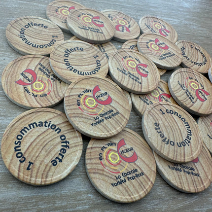 Jetons personnalisés avec motif en bois -  Ø29 mm - 100 pièces