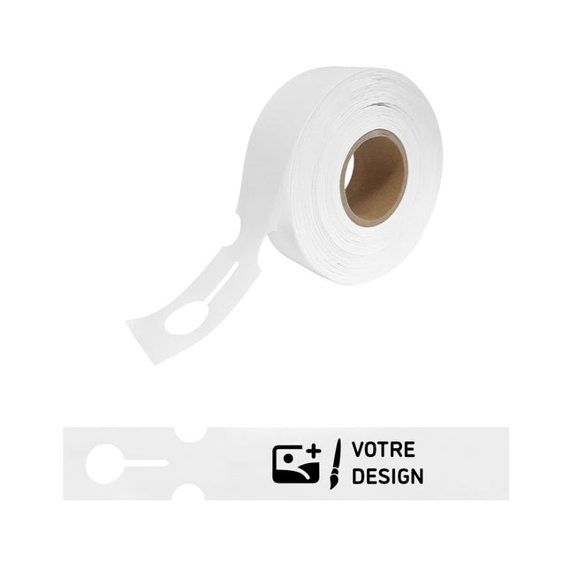 Étiquettes à boucles personnalisées blanches PEHD - 215 x 35 mm - 100 étiquettes sur rouleau