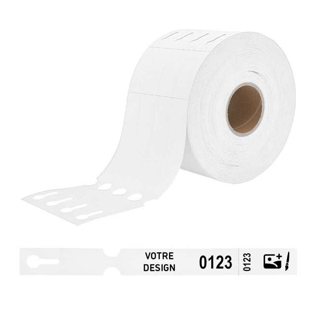 Étiquettes à boucle numérotées personnalisées blanches avec perforation - 250 x 25 mm - 100 étiquettes sur rouleau