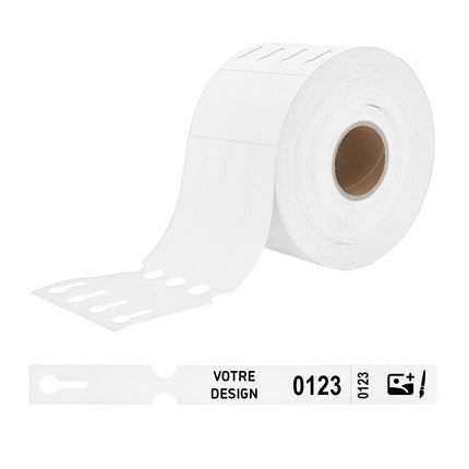 Étiquettes à boucle numérotées personnalisées blanches avec perforation - 250 x 25 mm - 100 étiquettes sur rouleau