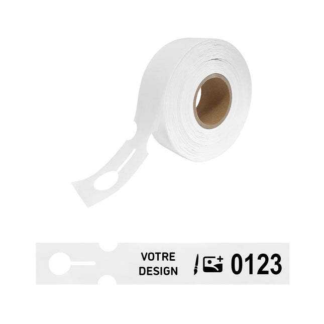 Étiquettes à boucles numérotées personnalisées blanches PEHD - 215 x 35 mm - 100 étiquettes sur rouleau