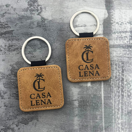 Porte-clés en cuir personnalisé carré marron clair - 50 x 50 mm - par pièce