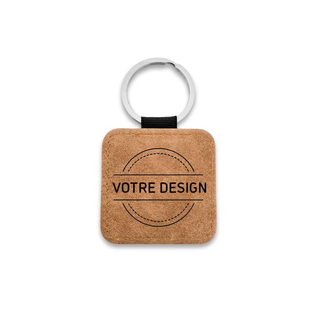 Porte-clés en cuir personnalisé carré marron clair - 50 x 50 mm - par pièce