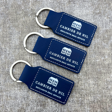 Porte-clés en cuir personnalisé rectangle bleu foncé - 70 x 33 mm - par pièce