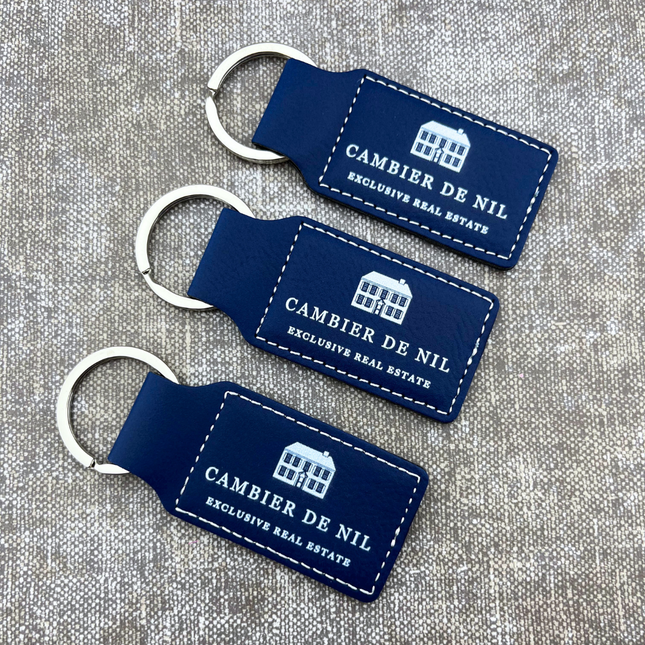 Porte-clés en cuir personnalisé rectangle bleu foncé - 70 x 33 mm - par pièce