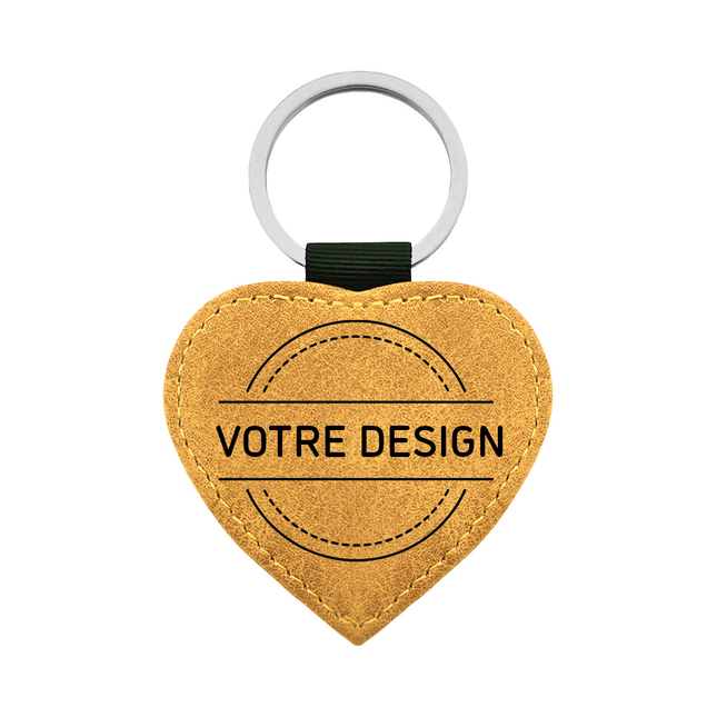 Porte-clés en cuir personnalisé cœur ocre jaune - 62 x 57 mm - par pièce