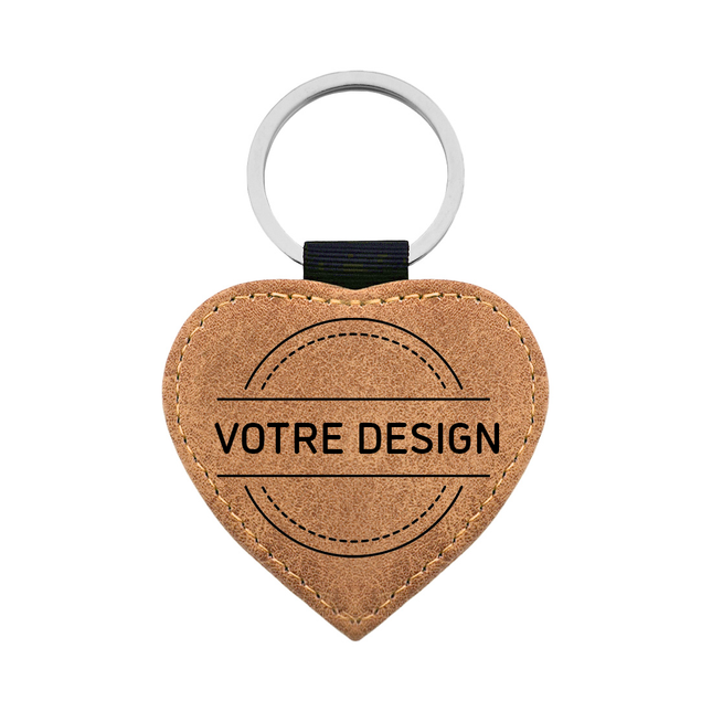 Porte-clés en cuir personnalisé cœur marron clair - 62 x 57 mm - par pièce