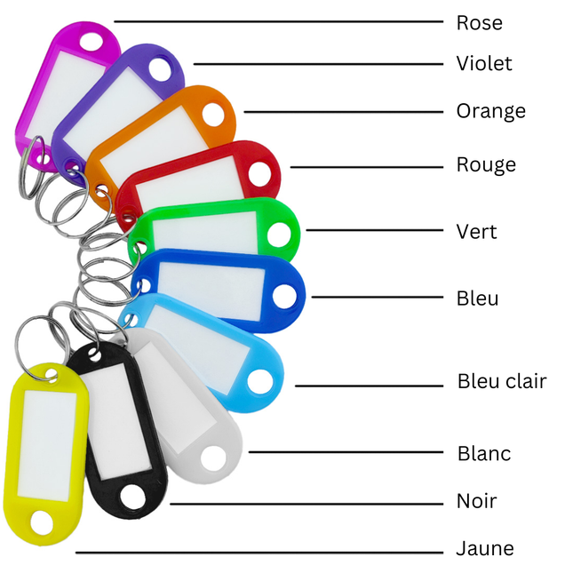 Porte-clés étiquettes ensemble de 10 couleurs - 48 x 22 mm - 100 pièces
